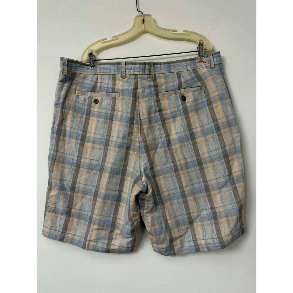 New Tommy Bahama Mens 40 Plaid Linen Tencel Shorts Blue Orange‎ Paradise Nation